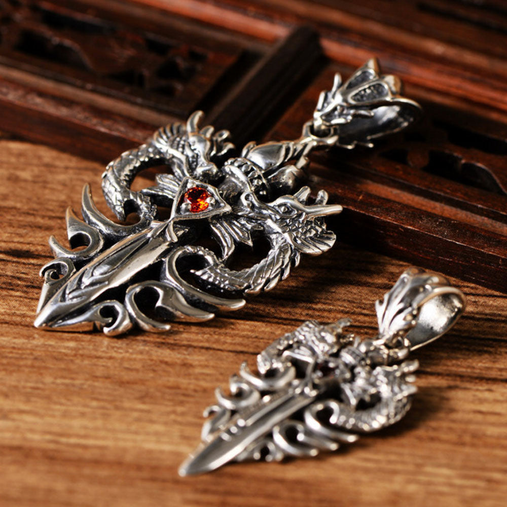 Men's Sterling Silver Dragon Sword Pendant Necklace