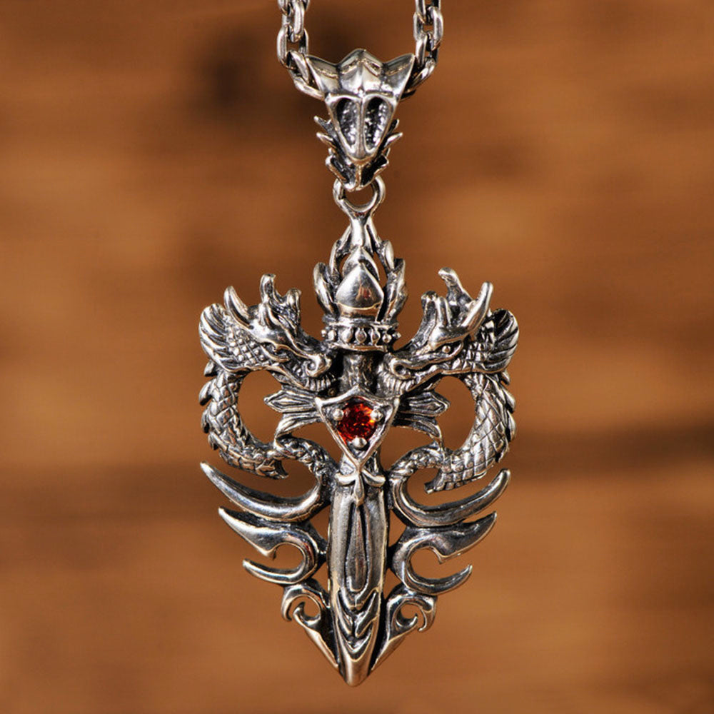 Men's Sterling Silver Dragon Sword Pendant Necklace