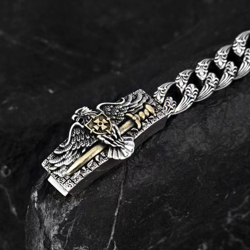 Men’s Sterling Silver Eagle Sword Cuban Link Bracelet