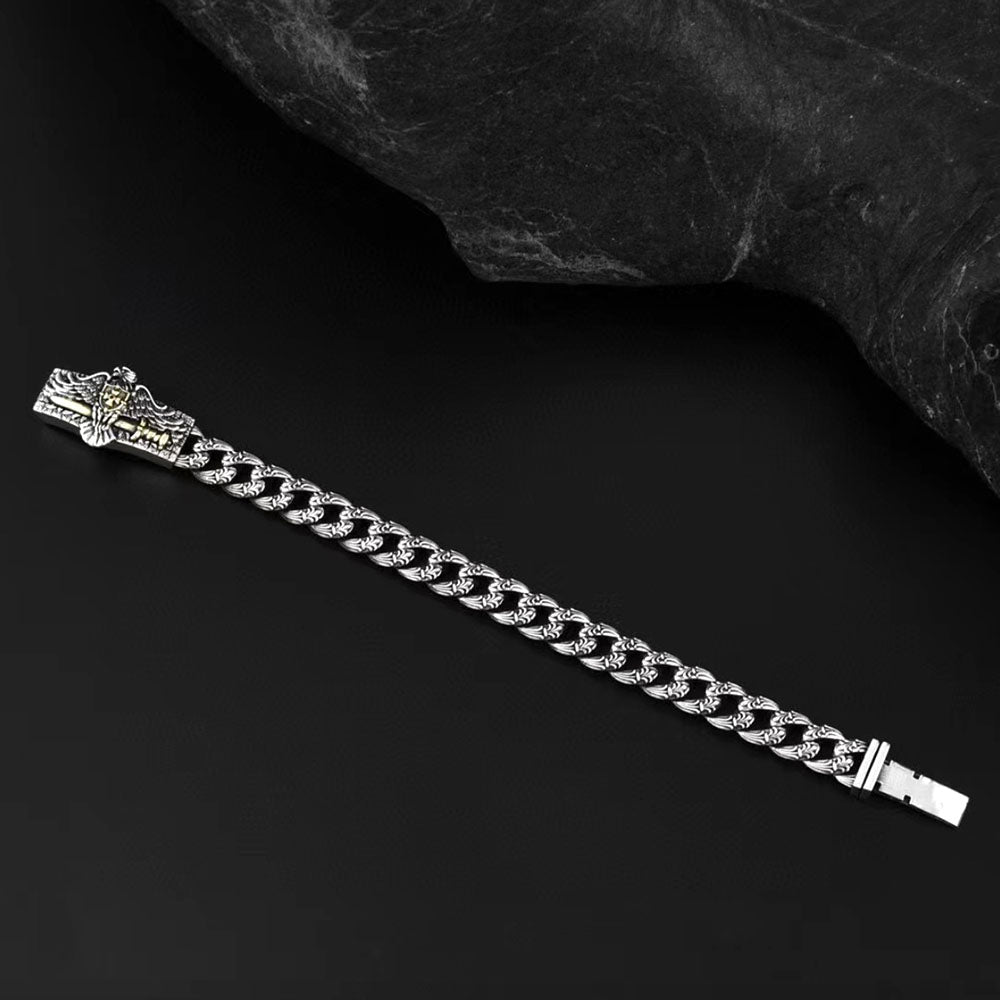 Men’s Sterling Silver Eagle Sword Cuban Link Bracelet