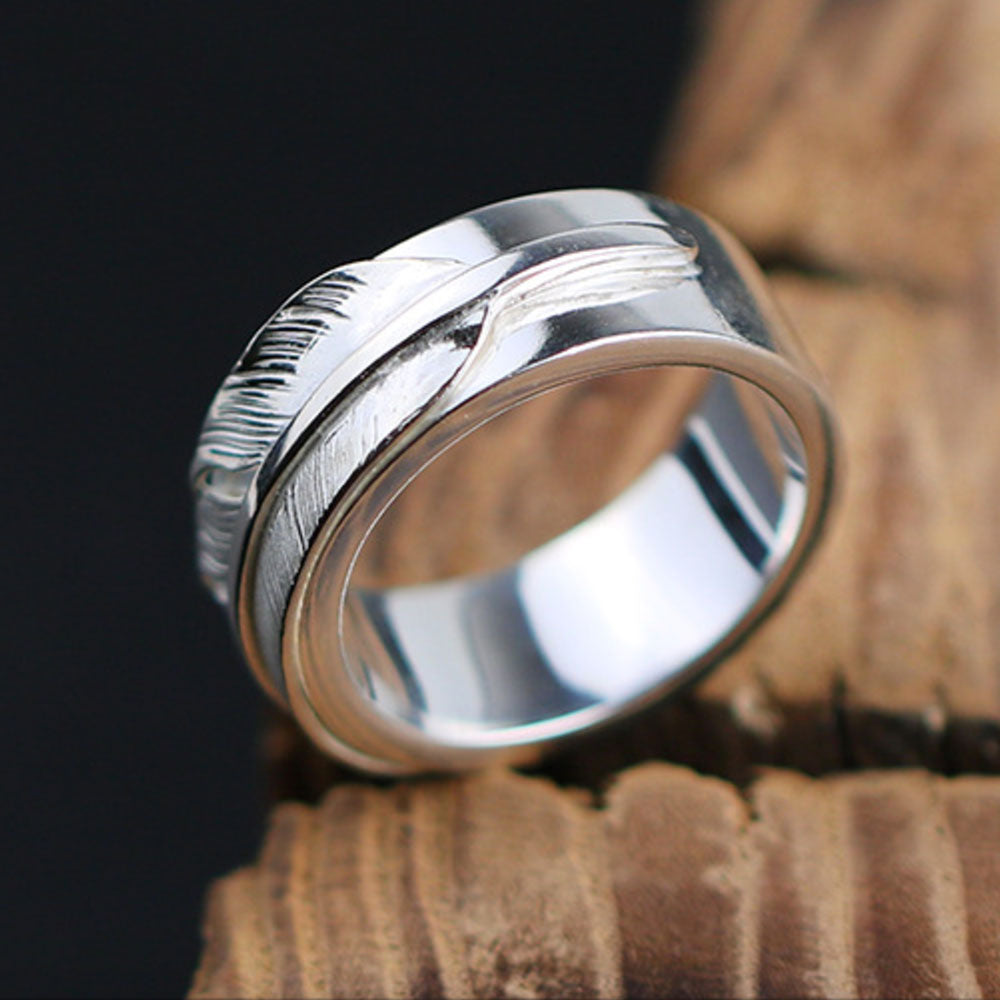 Men's Sterling Silver Feather Band Ring