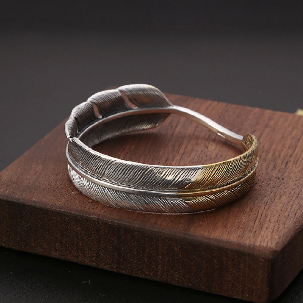 Men's Sterling Silver Two-Tone Feather Cuff Bracelet