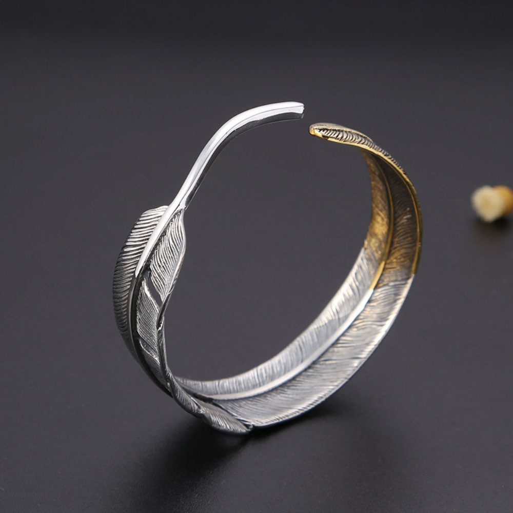 Men's Sterling Silver Two-Tone Feather Cuff Bracelet