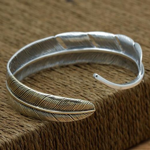 Men's Sterling Silver Two-Tone Feather Cuff Bracelet