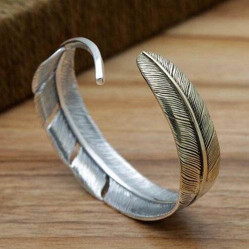 Men's Sterling Silver Two-Tone Feather Cuff Bracelet