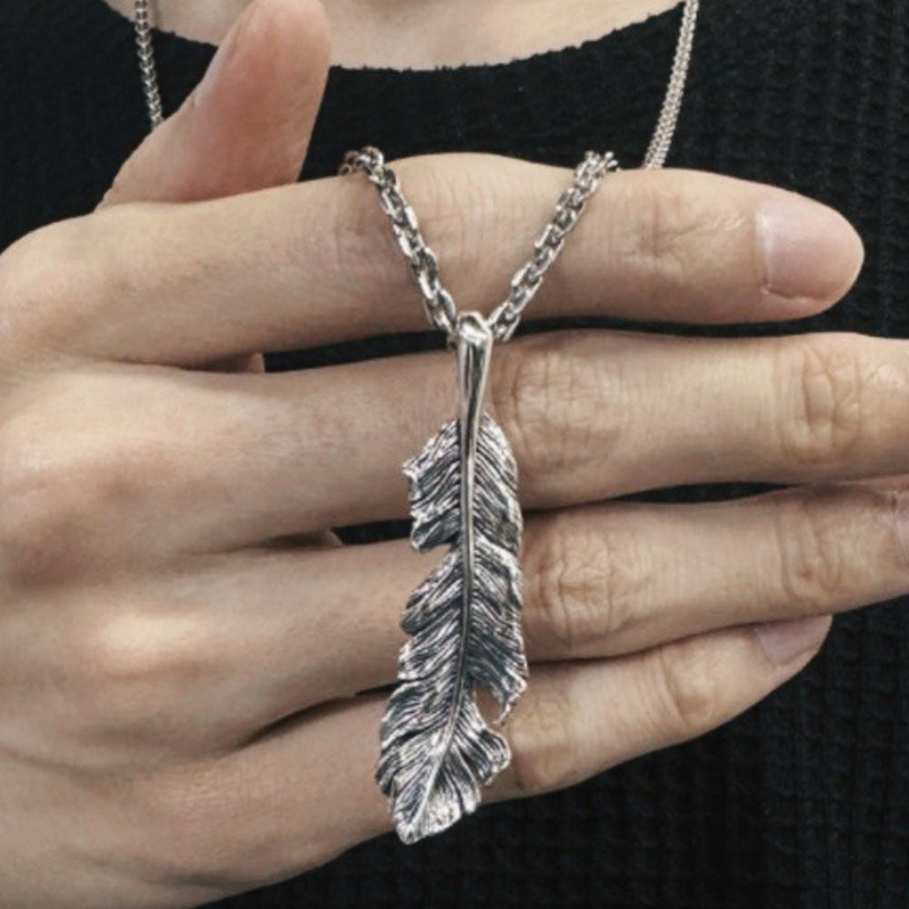 Men's Sterling Silver Feather Pendant Necklace