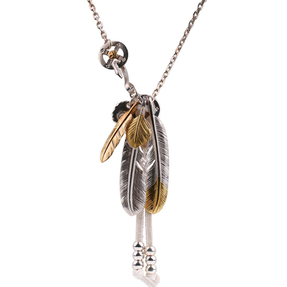 Men's Sterling Silver Feather Pendants Necklace Set