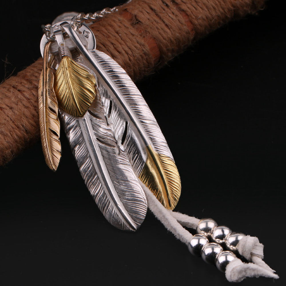 Men's Sterling Silver Feather Pendants Necklace Set