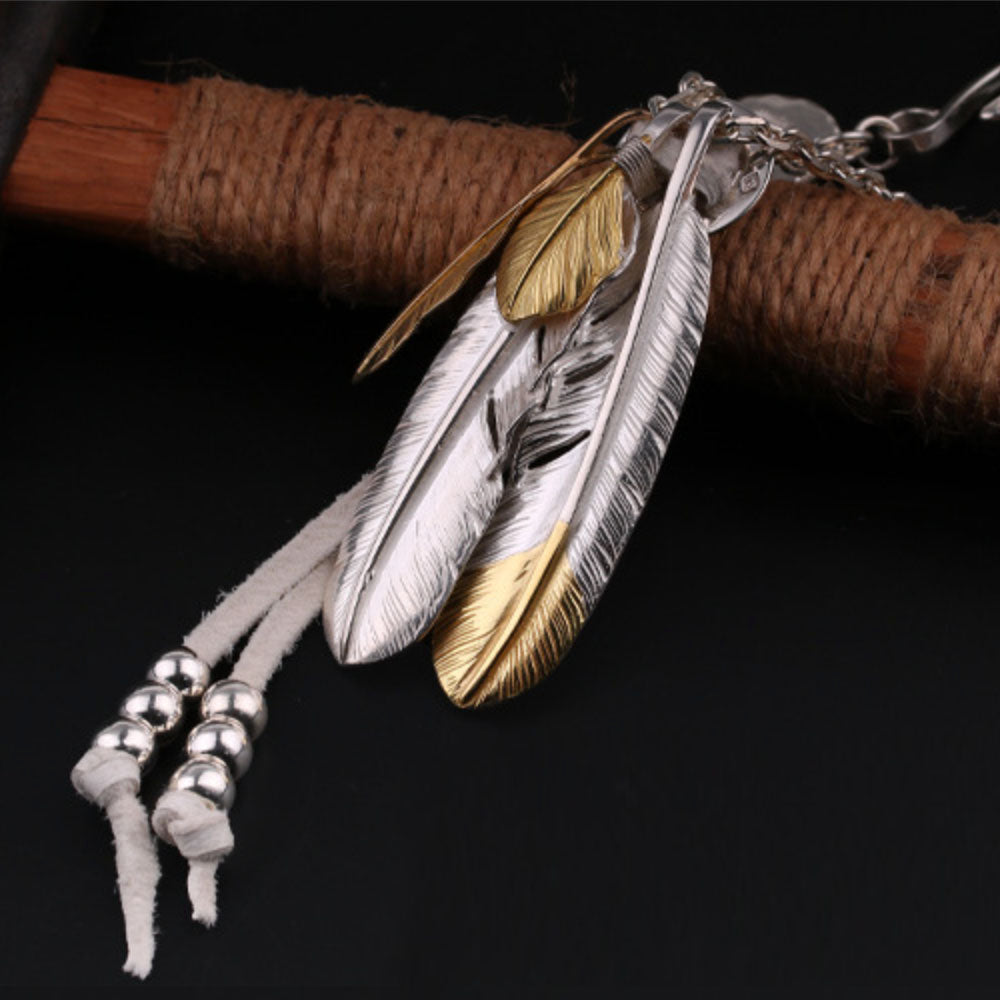 Men's Sterling Silver Feather Pendants Necklace Set