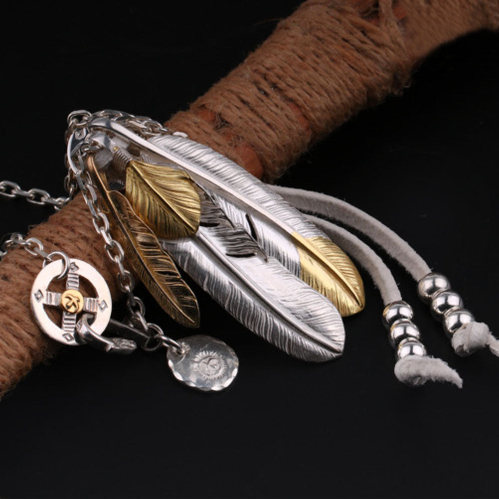 Men's Sterling Silver Feather Pendants Necklace Set