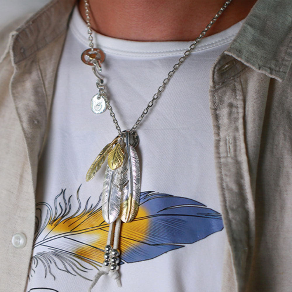 Men's Sterling Silver Feather Pendants Necklace Set