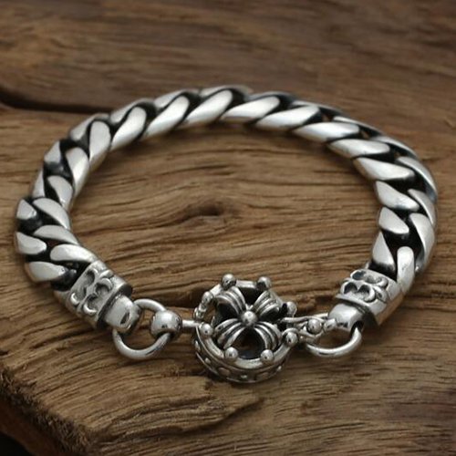 Men's Sterling Silver Floral Cross Curb Chain Bracelet