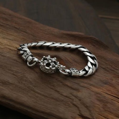 Men's Sterling Silver Floral Cross Curb Chain Bracelet