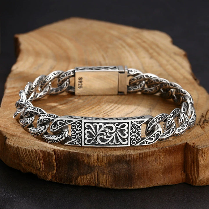 Men's Sterling Silver Ivy Pattern Cuban Link Bracelet