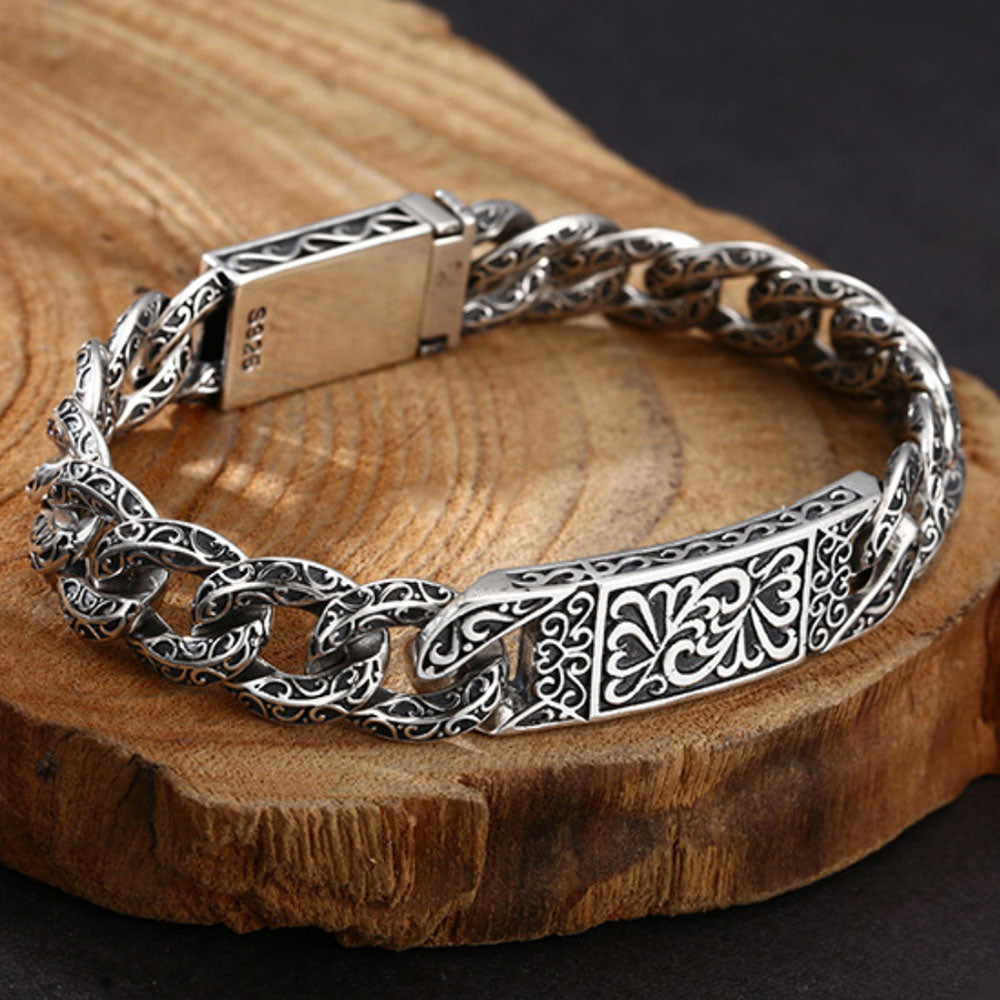 Men's Sterling Silver Ivy Pattern Cuban Link Bracelet