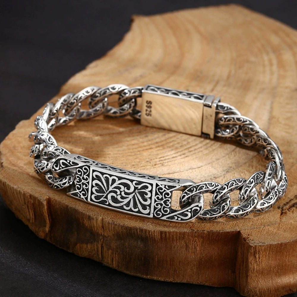 Men's Sterling Silver Ivy Pattern Cuban Link Bracelet