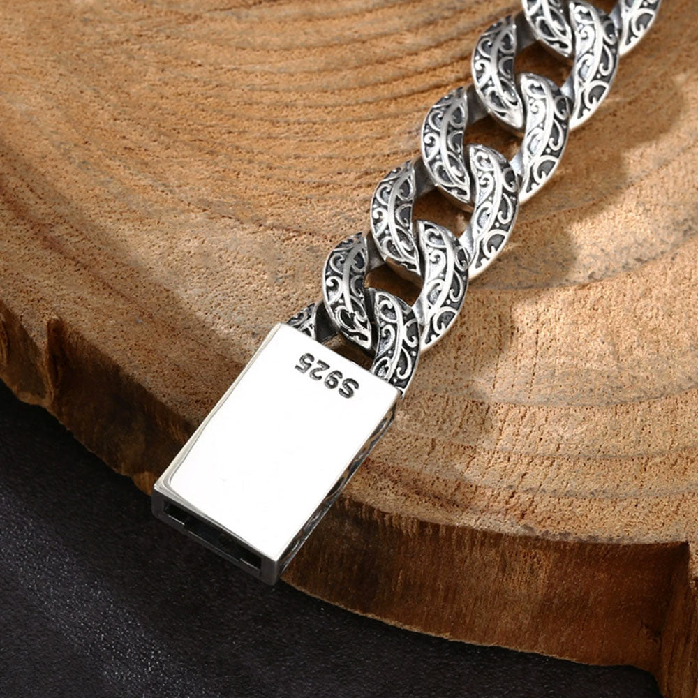 Men's Sterling Silver Ivy Pattern Cuban Link Bracelet