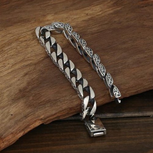 Men's Sterling Silver Ivy Pattern Curb Chain Bracelet