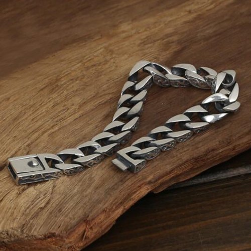 Men's Sterling Silver Ivy Pattern Curb Chain Bracelet