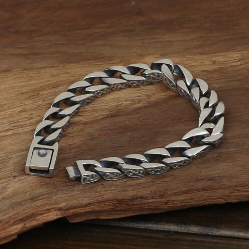 Men's Sterling Silver Ivy Pattern Curb Chain Bracelet