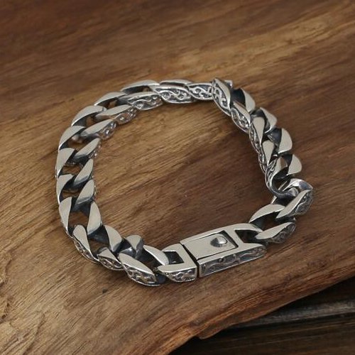 Men's Sterling Silver Ivy Pattern Curb Chain Bracelet