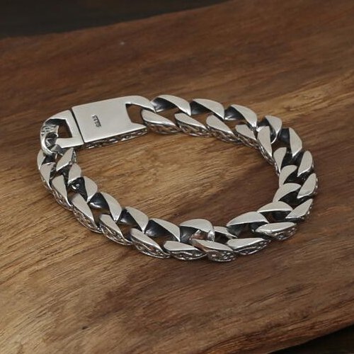 Men's Sterling Silver Ivy Pattern Curb Chain Bracelet