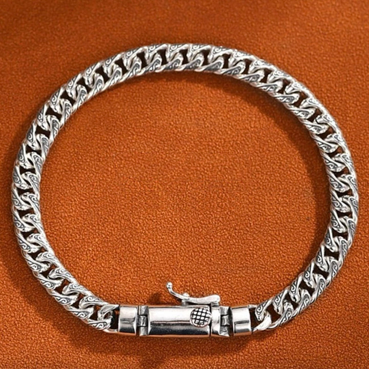 Men's Sterling Silver Ivy Pattern Slim Cuban Chain Bracelet