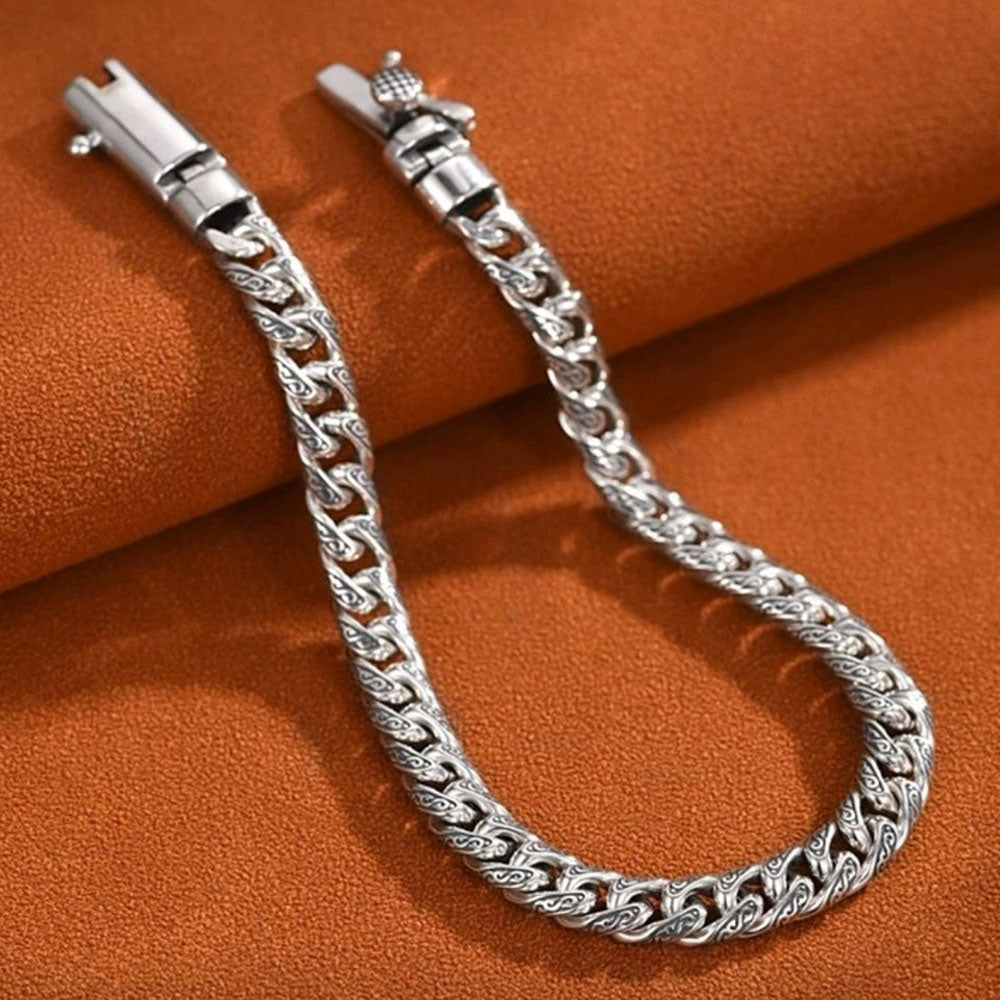 Men's Sterling Silver Ivy Pattern Slim Cuban Chain Bracelet