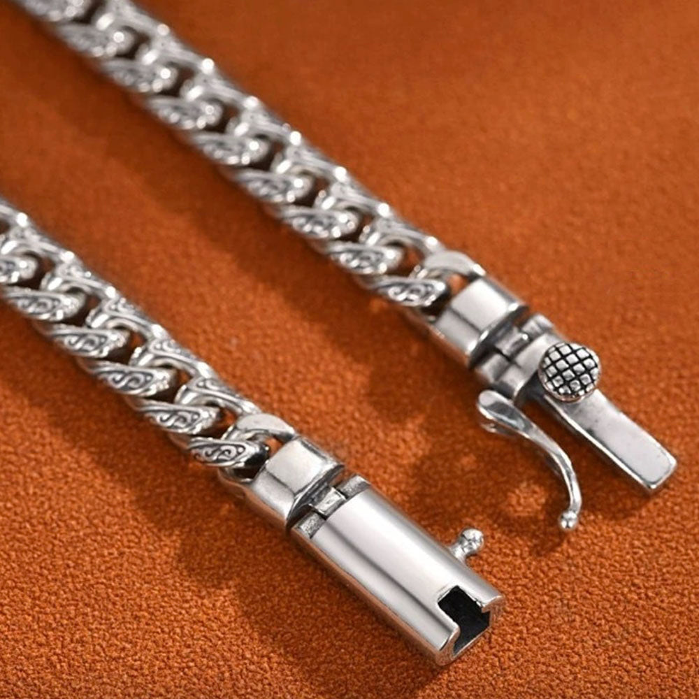 Men's Sterling Silver Ivy Pattern Slim Cuban Chain Bracelet