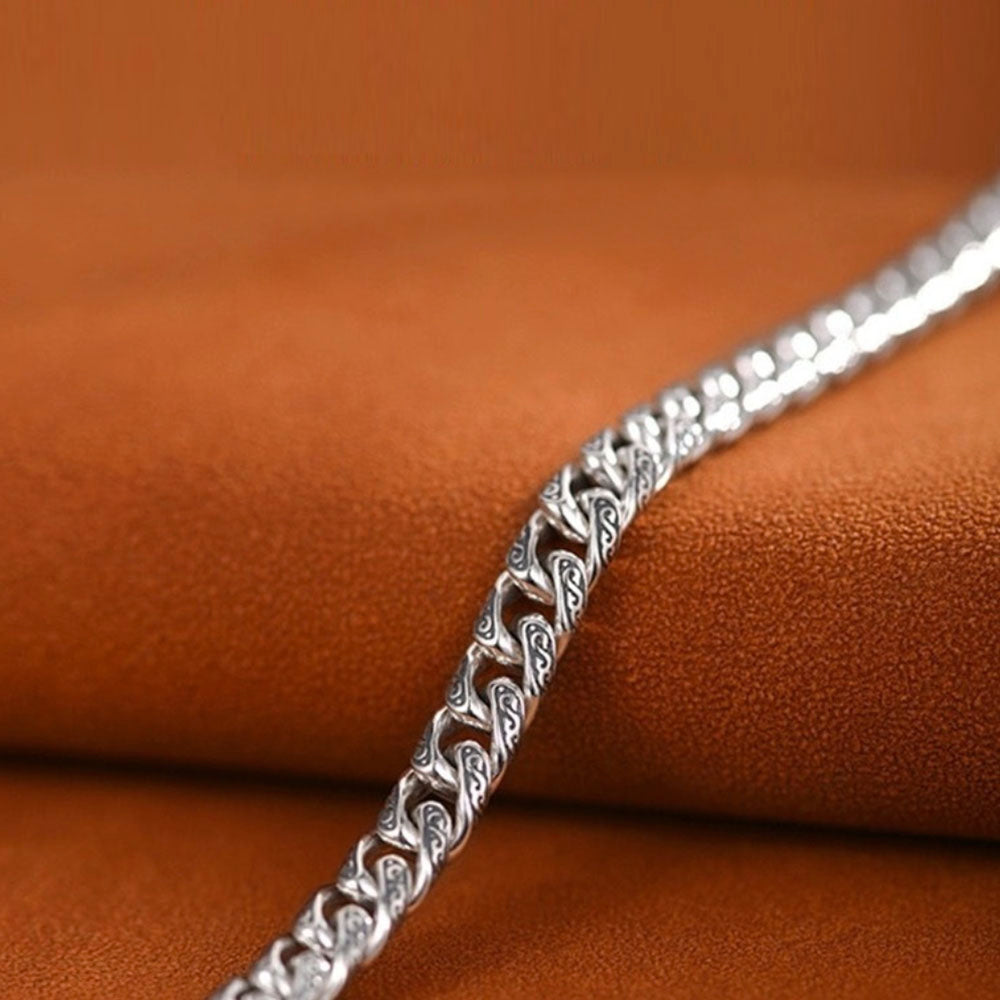 Men's Sterling Silver Ivy Pattern Slim Cuban Chain Bracelet