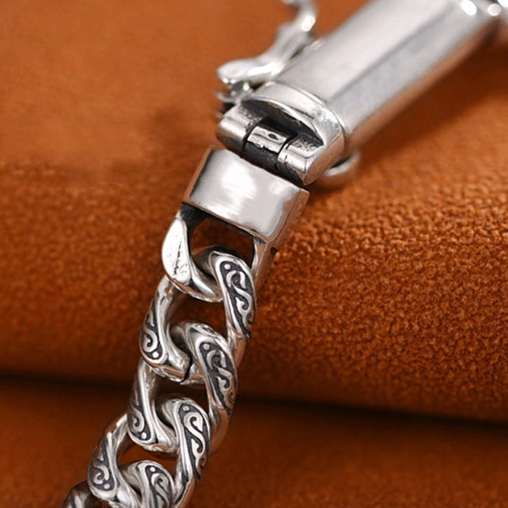 Men's Sterling Silver Ivy Pattern Slim Cuban Chain Bracelet