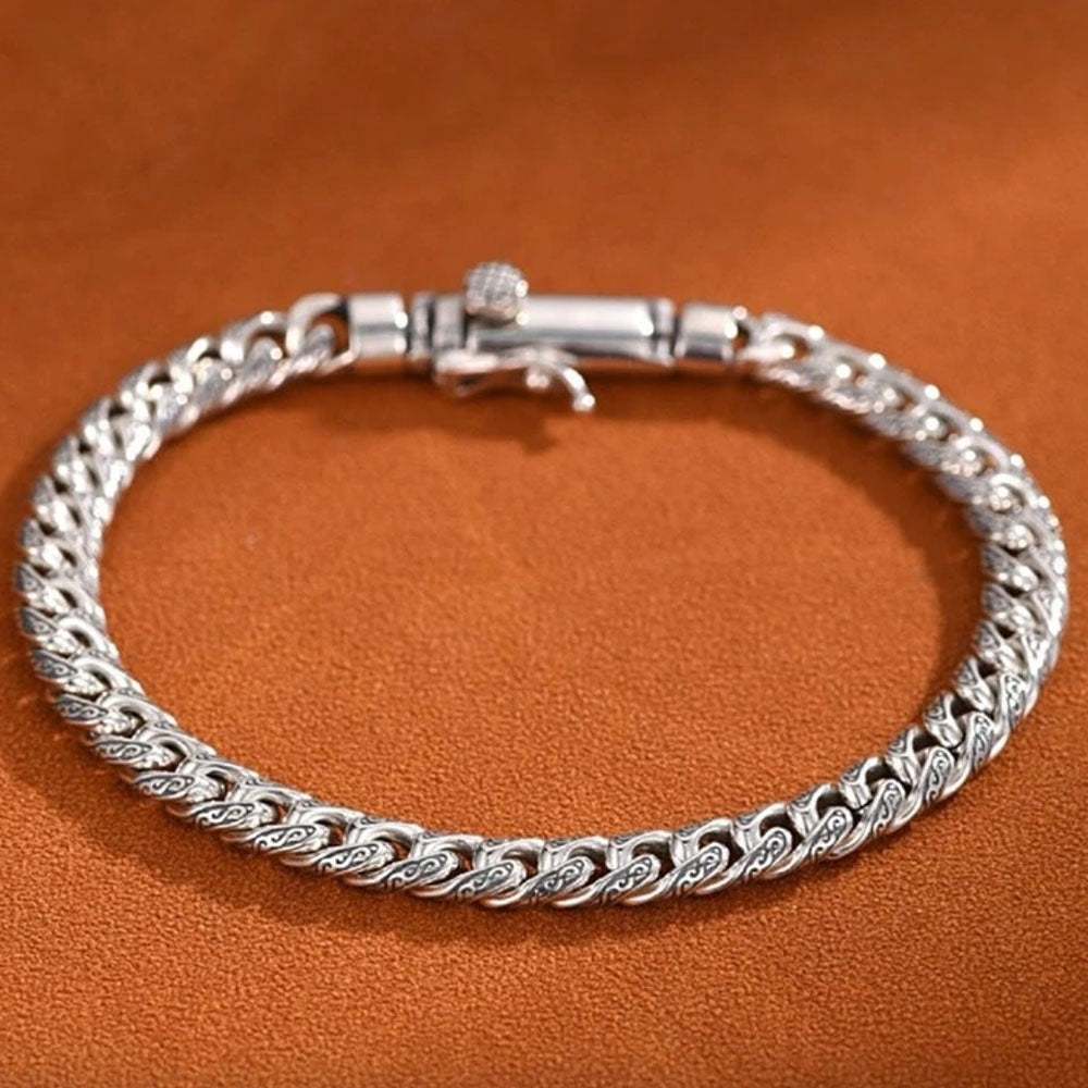 Men's Sterling Silver Ivy Pattern Slim Cuban Chain Bracelet