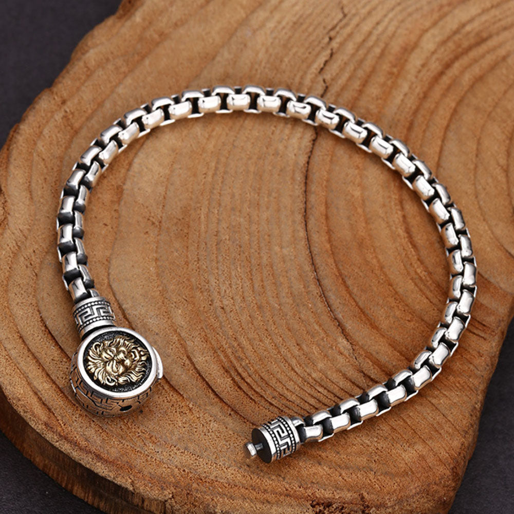 Men's Sterling Silver Lion Clasp Box Chain Bracelet