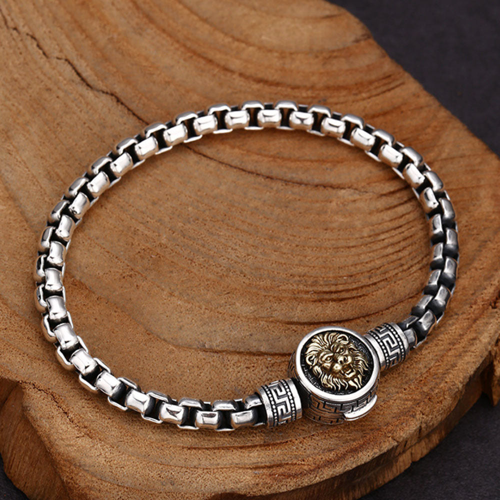 Men's Sterling Silver Lion Clasp Box Chain Bracelet