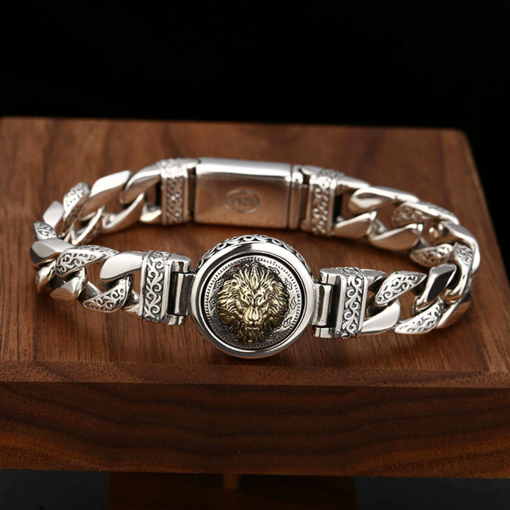 Men's Sterling silver Cuban link bracelet with golden lion head