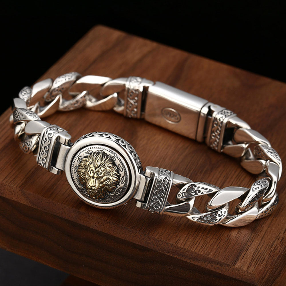 Men's Sterling silver Cuban link bracelet with golden lion head