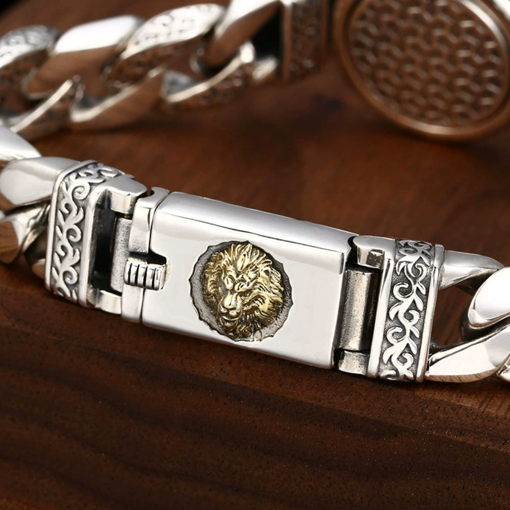 Men's Sterling silver Cuban link bracelet with golden lion head