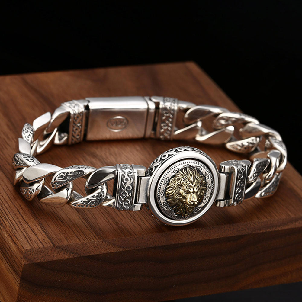 Men's Sterling silver Cuban link bracelet with golden lion head