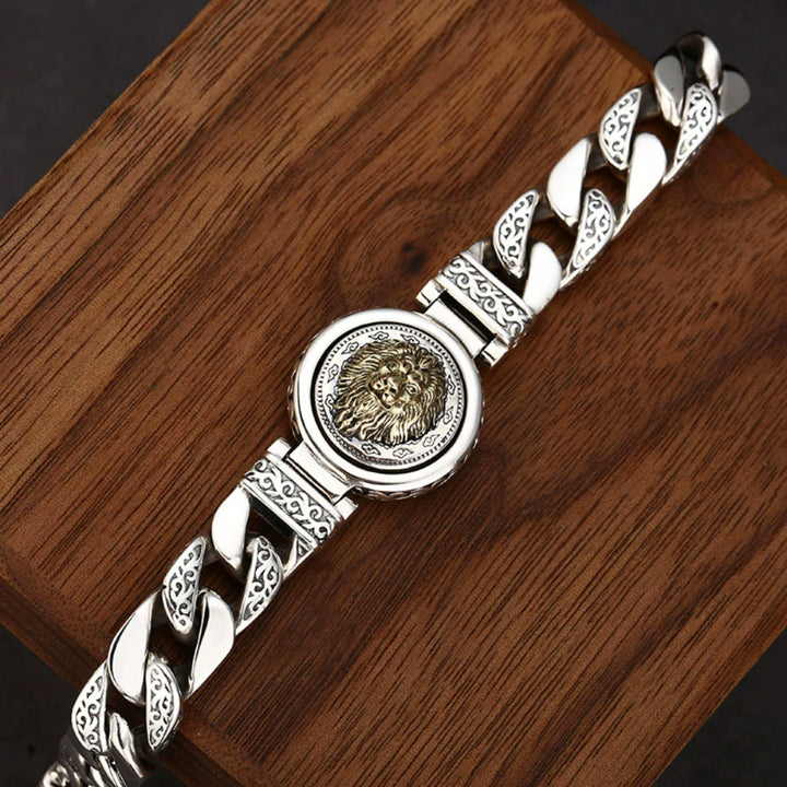 Men's Sterling silver Cuban link bracelet with golden lion head