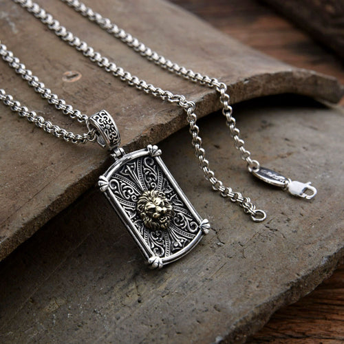 Men's Sterling Silver Lion Tag Pendant Necklace