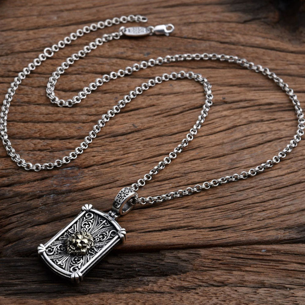 Men's Sterling Silver Lion Tag Pendant Necklace