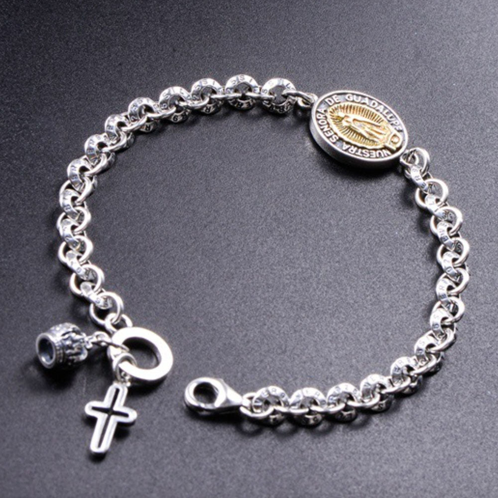 Pulsera de cadena con etiqueta de la Virgen María de plata de ley para hombre