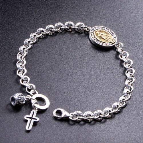 Sterling Silver Virgin Mary Tag Chain Bracelet