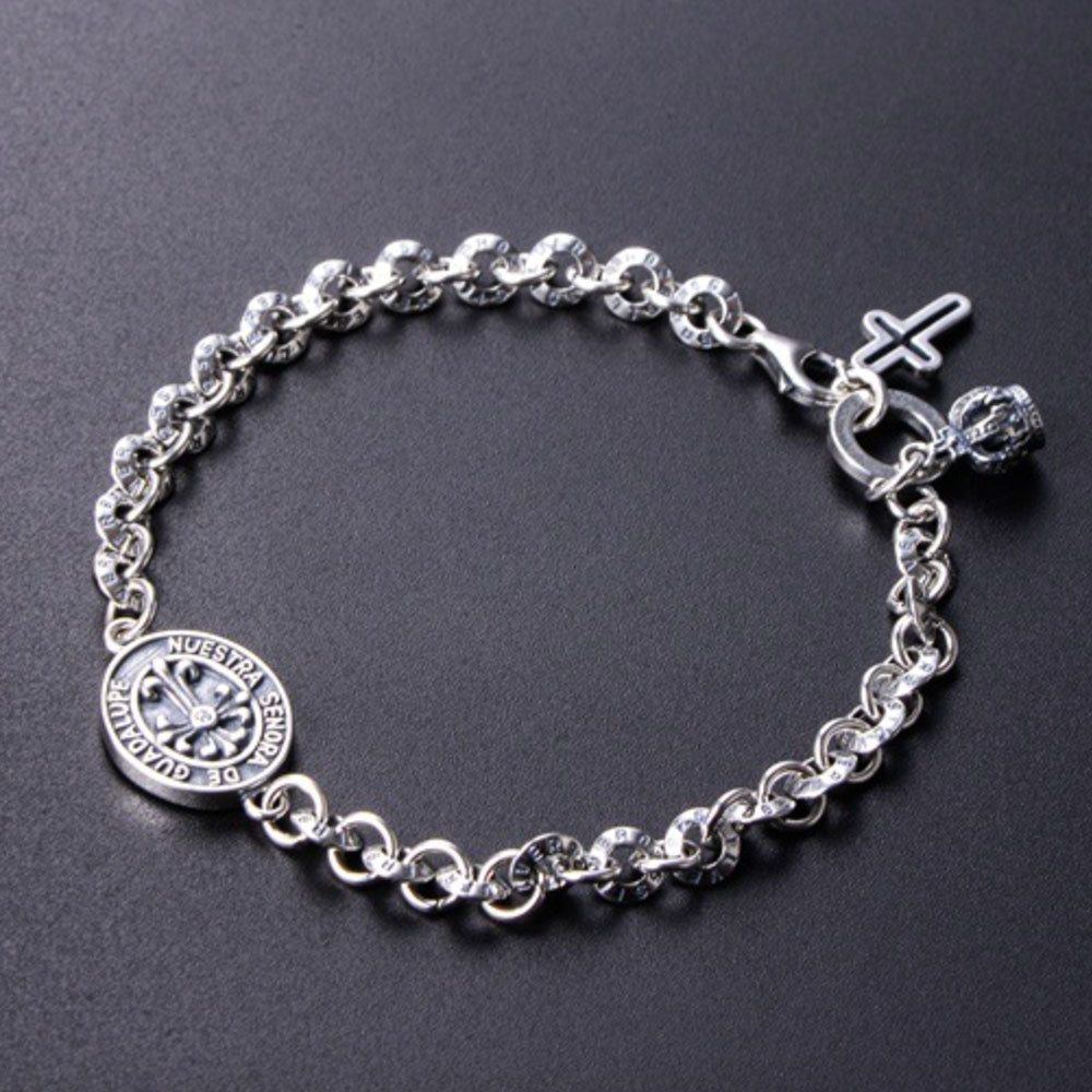 Bracelet chaîne en argent sterling avec étiquette de la Vierge Marie pour hommes