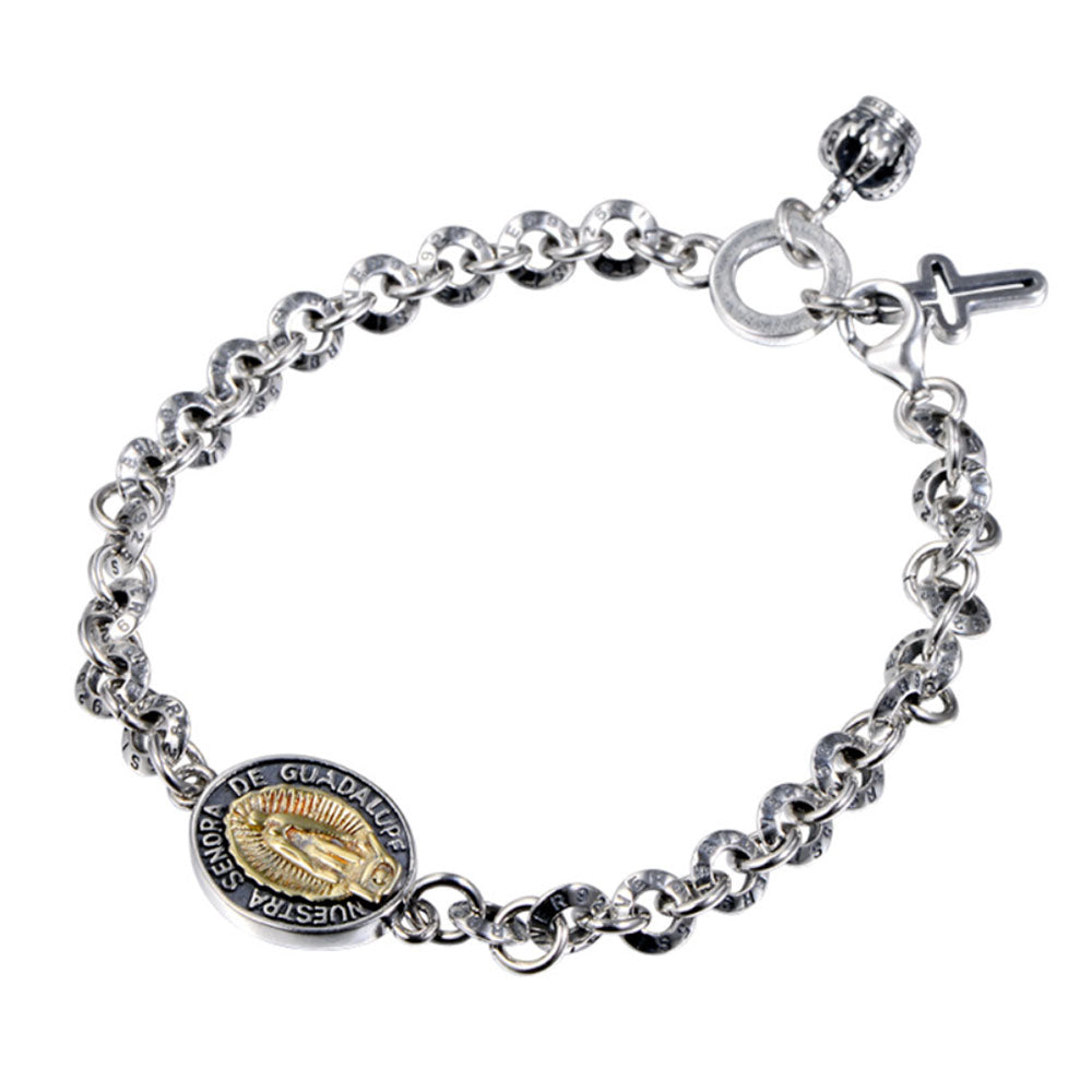 Bracelet chaîne en argent sterling avec étiquette de la Vierge Marie pour hommes