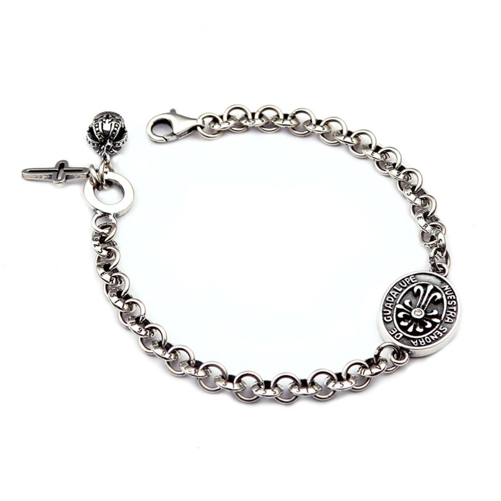 Pulsera de cadena con etiqueta de la Virgen María de plata de ley para hombre