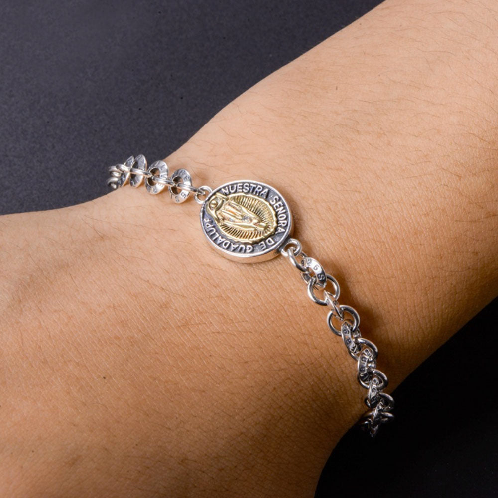 Bracelet chaîne en argent sterling avec étiquette de la Vierge Marie pour hommes