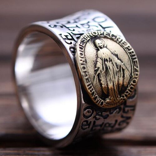 Men's Sterling Silver Virgin Mary Wide Band Ring