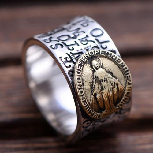 Men's Sterling Silver Virgin Mary Wide Band Ring