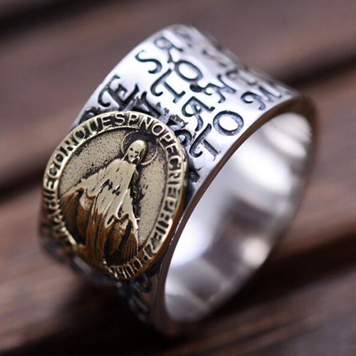 Men's Sterling Silver Virgin Mary Wide Band Ring